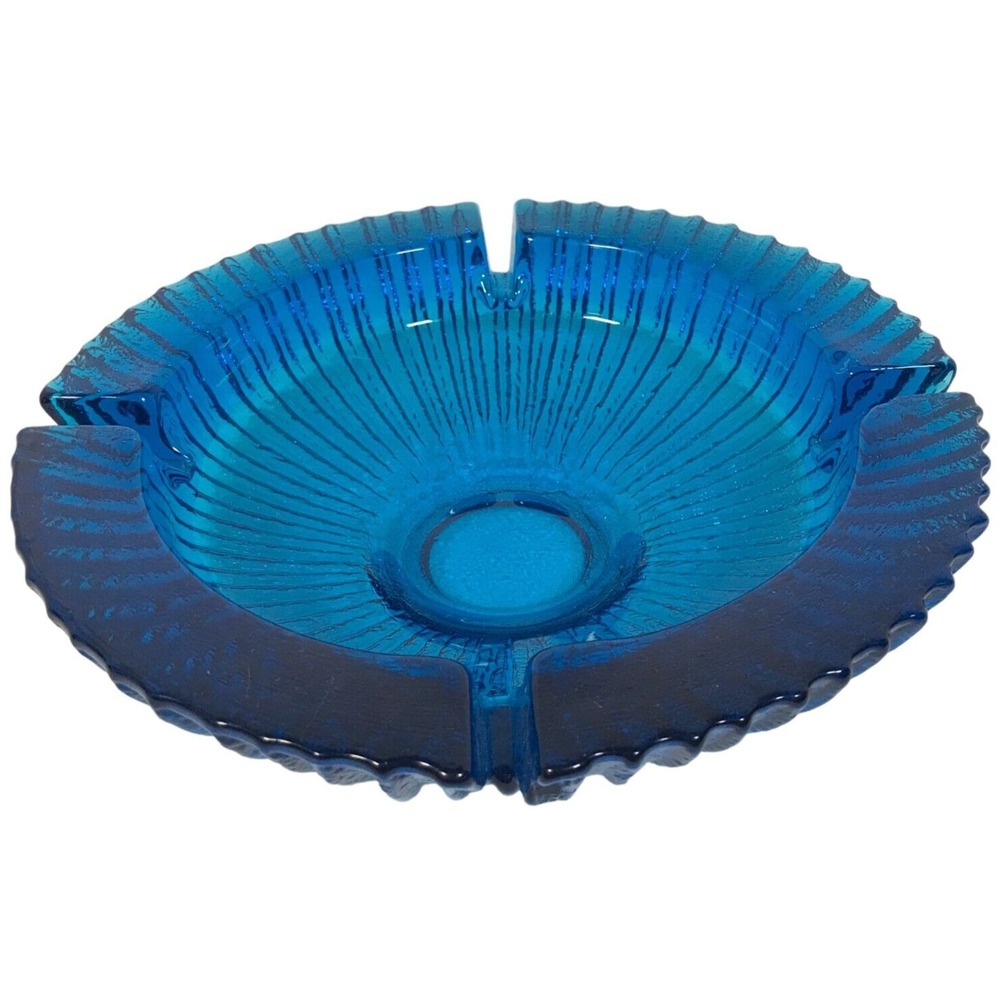 Blenko Label Mid Century Chunky Blue Sun Burst 4 Slot Ashtray 8.75 Inch Vintage